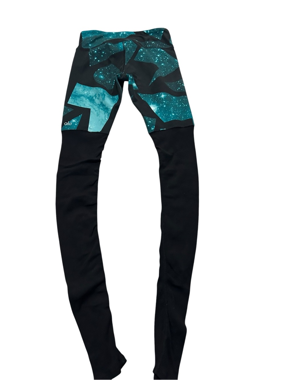 ALO Yoga Black Leggings with Teal Galaxy Panel Jeggings